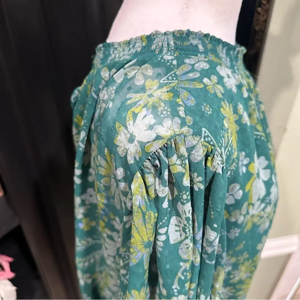 Free People Green Floral Peasant Blouse Balloon Sleeve Boho Top – Size XS